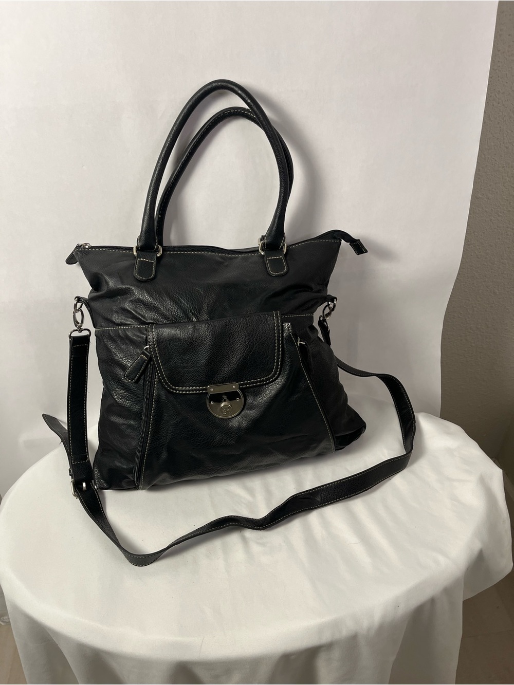 Vintage New York & Co. Black Faux Leather Tote with Detachable Shoulder Strap